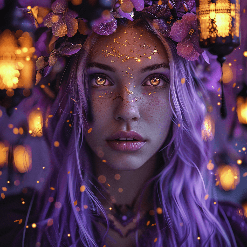 A portrait of a mythical queen with lavender hair and eyes like molten gold, surrounded by floating lanterns, in the style of digital impressionism, vibrant tones of purple and gold, photographed with a zeiss otus lens, 32k uhd v-- 6. 0