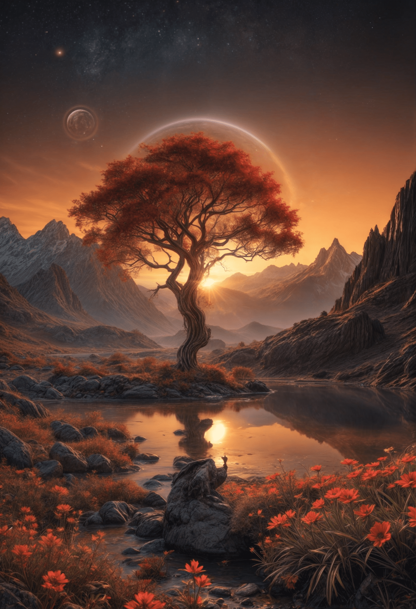 Another world in a far distance galaxy. A serene landscape with a large red tree standing by a calm lake at sunset, surrounded by majestic mountains.