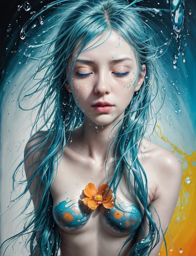 1~2i§hhacdsee ultimate 20232024:06:15 15:50:14öý103 unicodea girl with blue hair with eyes closed, in the style of the stars art group (xing xing) , yellow and orange, water drops, romantic illustrations, intense lines, gongbi, loose paint application --ar 71:98 --stylize 750 --v 6emotions, sensual pose, high dynamic range, hdr, low key, subsurface scattering, (moody:0. 9) shadows and (complex:1. 1) lighting. Raw photography. Bright bluegreen eyes,