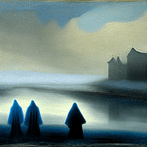 A winter landscape with a serene, blue-toned sea partially covered by fog. In the foreground, three abstract, hooded figures stand solemnly