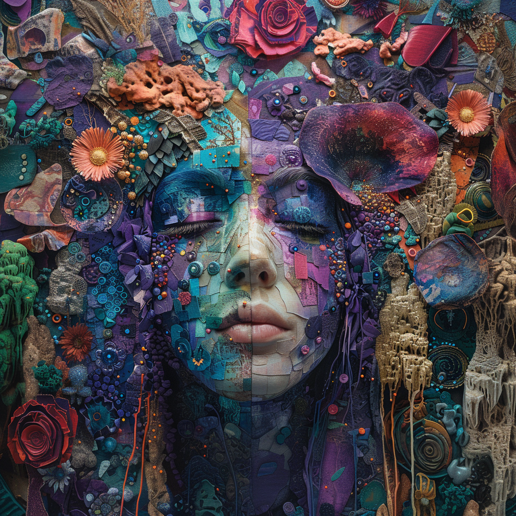 Several different paintings stacked on top of each other, in the style of intricate collage, fauvist-fantasy, algorithmic artistry, purple and gold, intricate still lifes, textile arts, psychedelic figuration --ar 64:45 --s 750