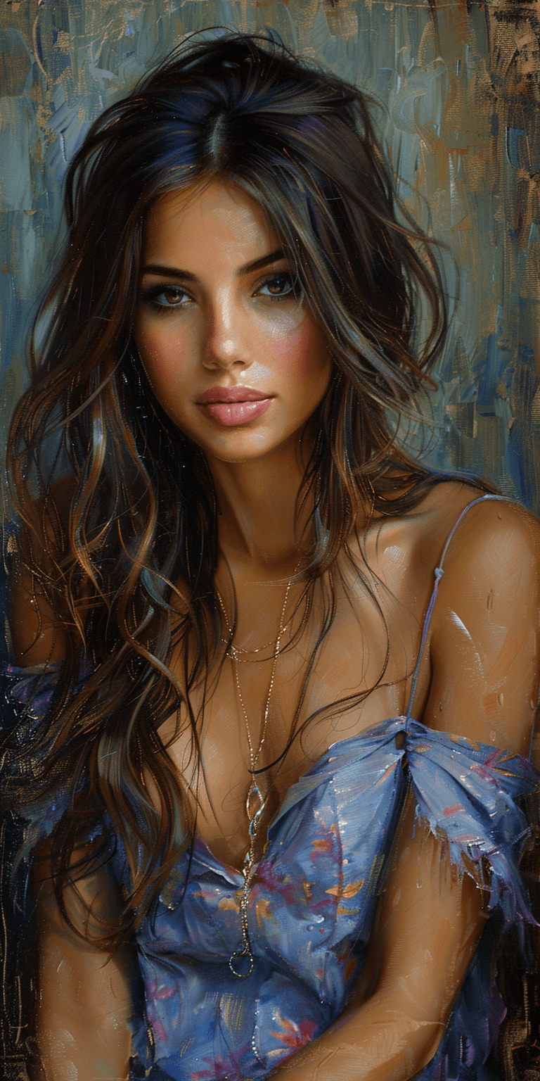 Impressionist painting of a beautiful woman with long hair, soft lighting, and warm tones, in the style of an impressionist masters, bold and expressive brushstrokes --ar 1:2 --stylize 750