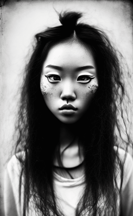 Black and white, grunge style photograph of ginger female instagram asian model face close up, beautiful, long curly hair, big eyes, wealthy jawellery, full lips, alluring, distressed, vintage, textured, shade plays --ar 1:2 --s 250