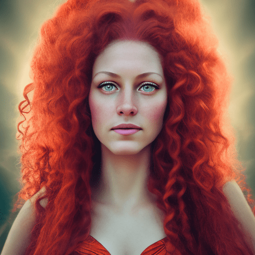 ((close-up portrait) ), (raw photo) , stunning portrait of the beautiful queen of the cosmos, with suntan skin, sitting on an etheral throne, ((gorgeous long curly red hair:1. 1) ), use warm tones and soft lighting.