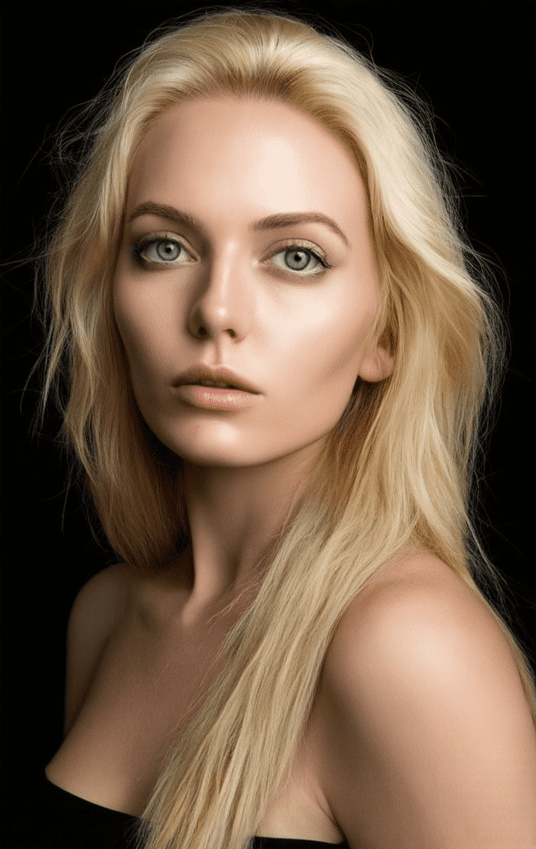 Nordic woman, high cheek bones, large blue eyes, blonde hair, white skin, square jaw, 35 years old, studio lighting, head-shot, black background, face forward, make up, fashion, long bouncy hair, closed mouth, natural skin, mole,