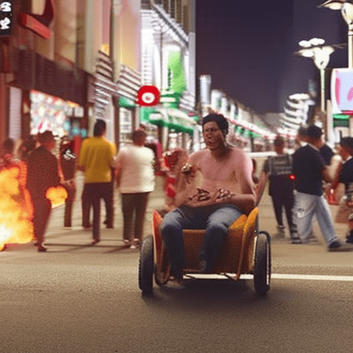 An asian middle-aged man around 35 years old holding a coca-cola bottle extinguishing a fire on a three-wheeled cart. The scene is set on a busy street with many people looking surprised. The image should be in 4k resolution and highly realistic.