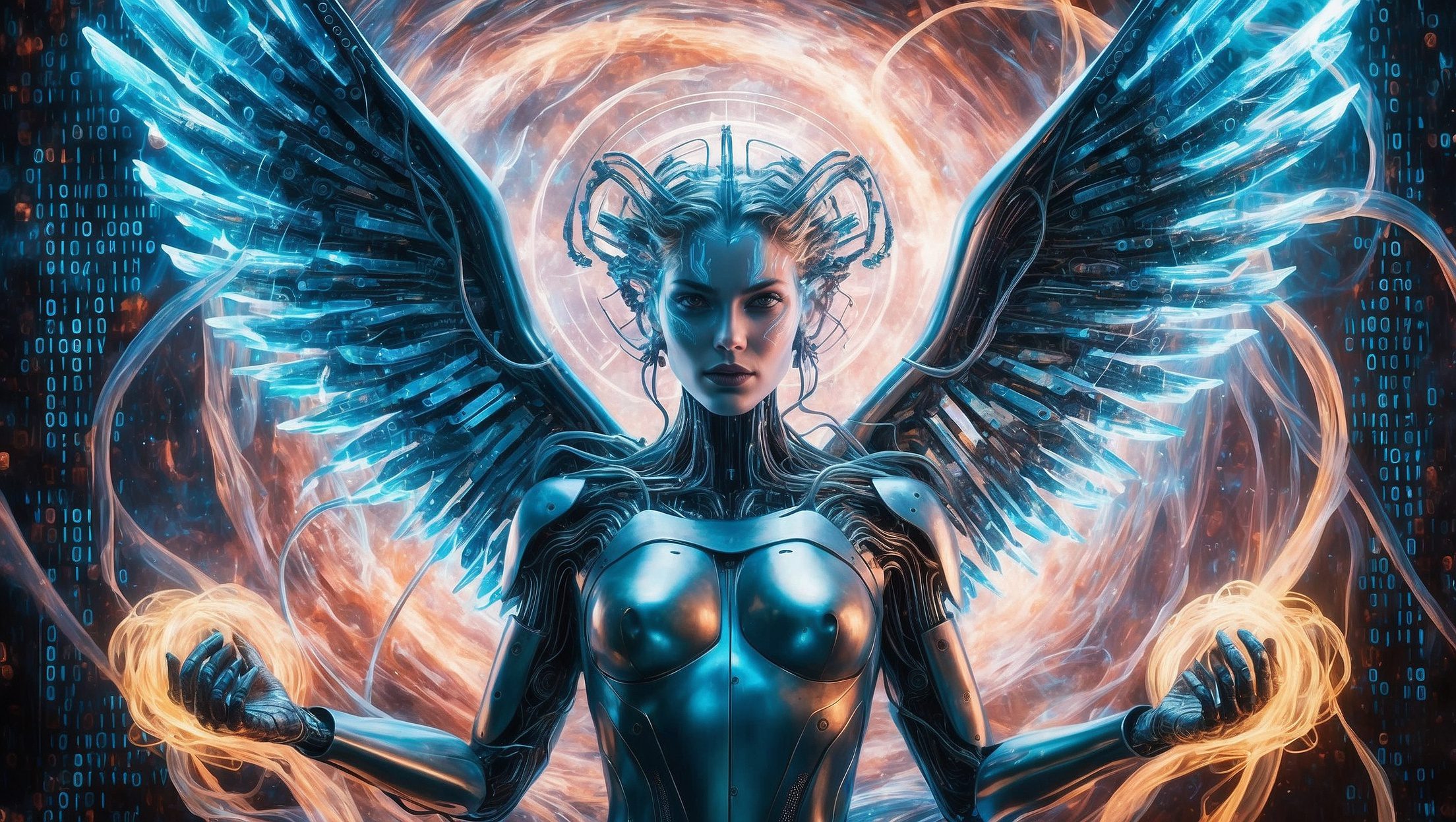 A brilliantly unconventional deity, the divine satellite hacker is depicted with cybernetic wings and flowing digital code intertwining with celestial light. This striking image is a digitally painted portrait, rich in vibrant colors and intricate details. The hacker's metallic skin gleams with otherworldly luminescence, contrasting with the ethereal glow of their technological appendages. The background is a swirling mix of binary code and cosmic patterns, creating a mesmerizing and futuristic atmosphere. This visually stunning piece captures the essence of cutting-edge digital artistry and divine intervention.