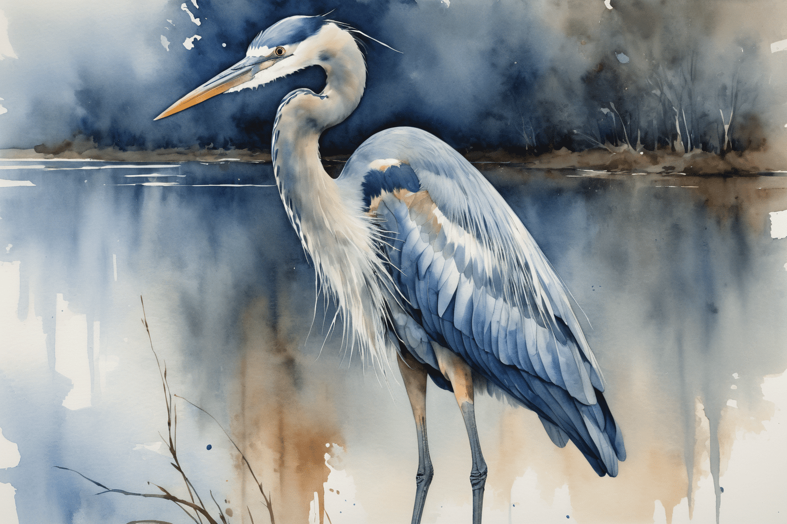 A heron stands gracefully with its long neck extended and sharp beak pointing slightly upwards, rendered in blues and grays, the watercolor painting captures the elegance and poise of the bird as it appears to be gazing into the distance.