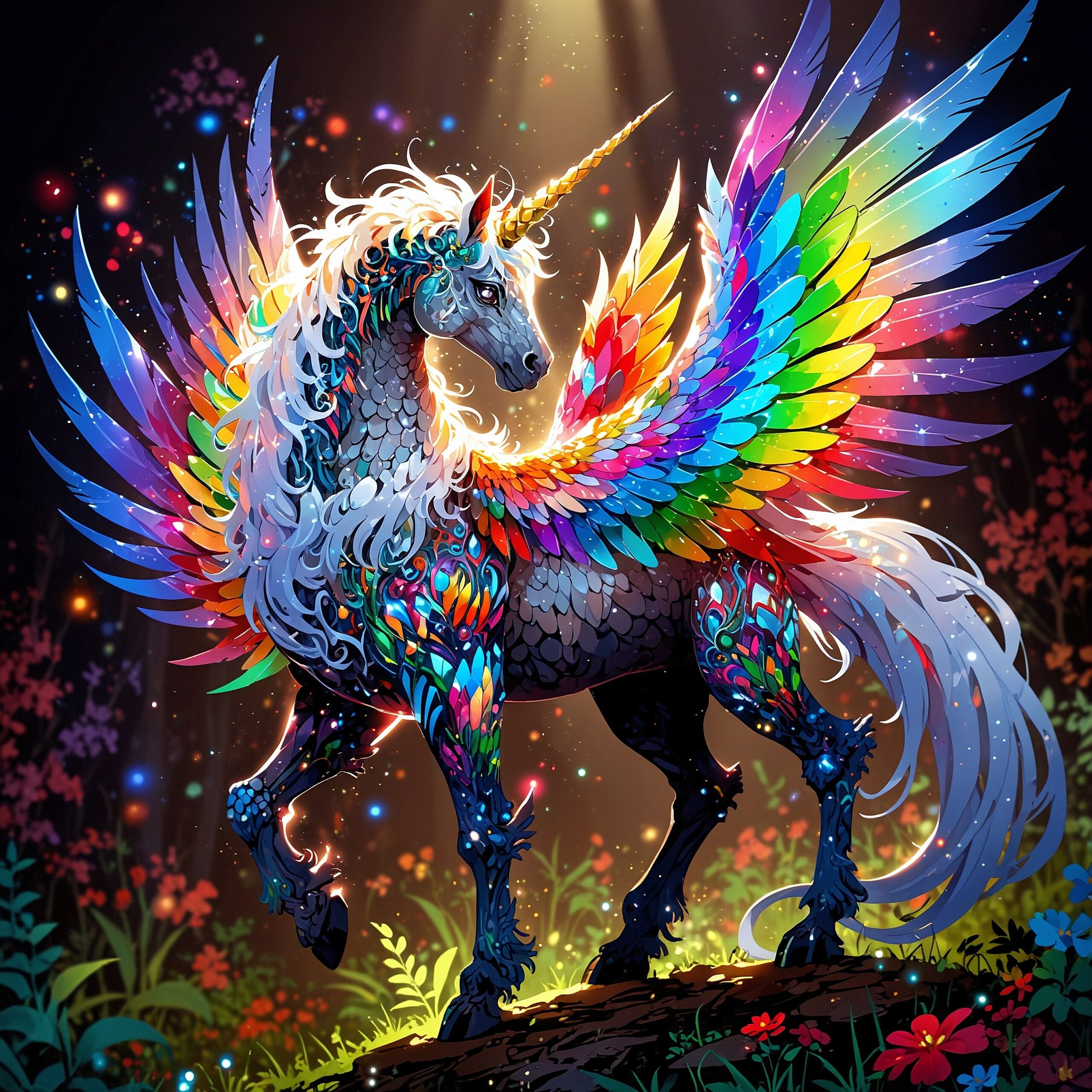 In a whimsically sparkling painting, a fantastical creature stands tall, covered in shimmering sequins and glittering gems, giving off a dazzling aura. This bedazzled being is a fusion of a unicorn and a phoenix, with rainbow-hued feathers and a horn that gleams like a diamond. The canvas captures every intricate detail, from the intricate beading on its wings to the opalescent sheen of its scales. This high-quality image immerses viewers in a world of enchantment and wonder.