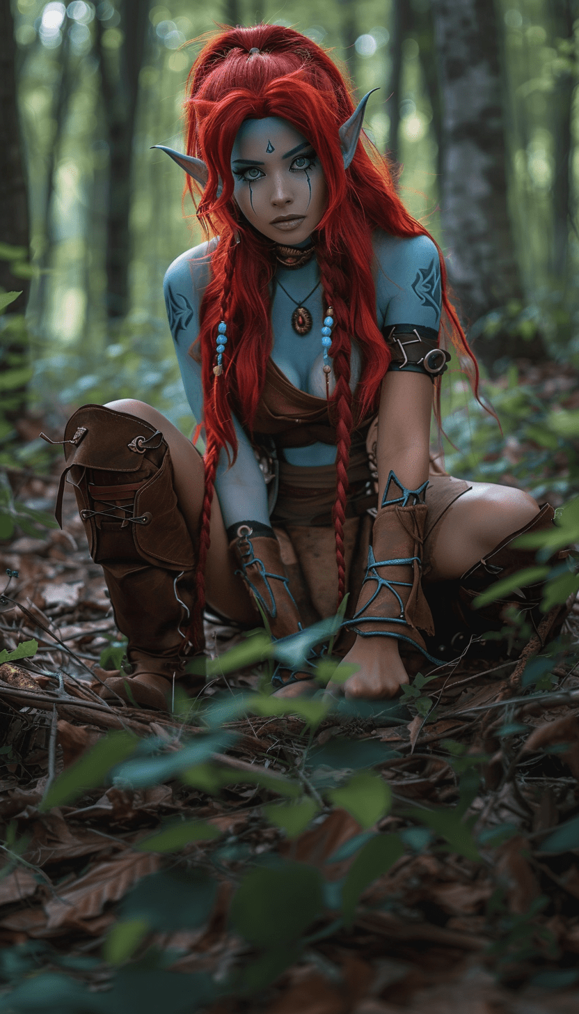 Photo of a gorgeous blue female night elf with red hair wearing a brown leather skirt and teal skin, kneeling in the forest in the style of cosplay. --s 250 --v 6. 0 --style raw --ar 4:7