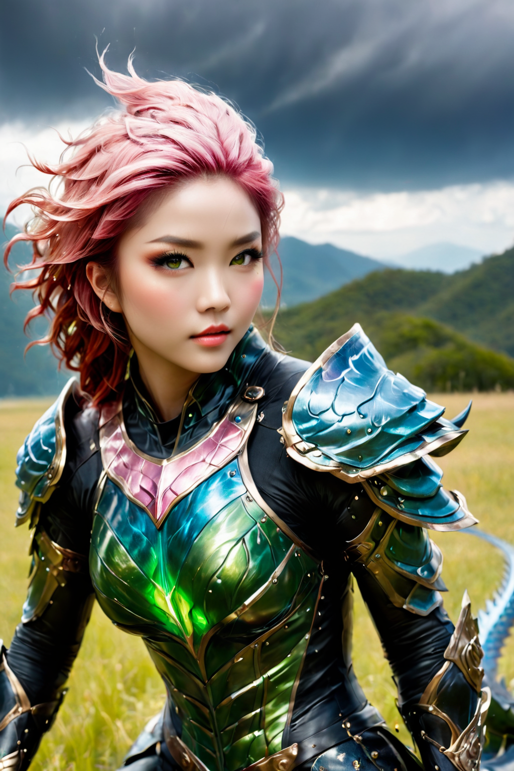 Photo, crisp details, sharp focus, precise clarity, 8k, uhd, full body shot, mythsxl, asian woman, long black and light pink hair, beautiful face, green eyes, blue eyes, brown eyes, perfecteyes, looking charming, (high skin detail, natural skin:1. 1) , green eyes, perfecteyes, highly detailed dragon scale armor,