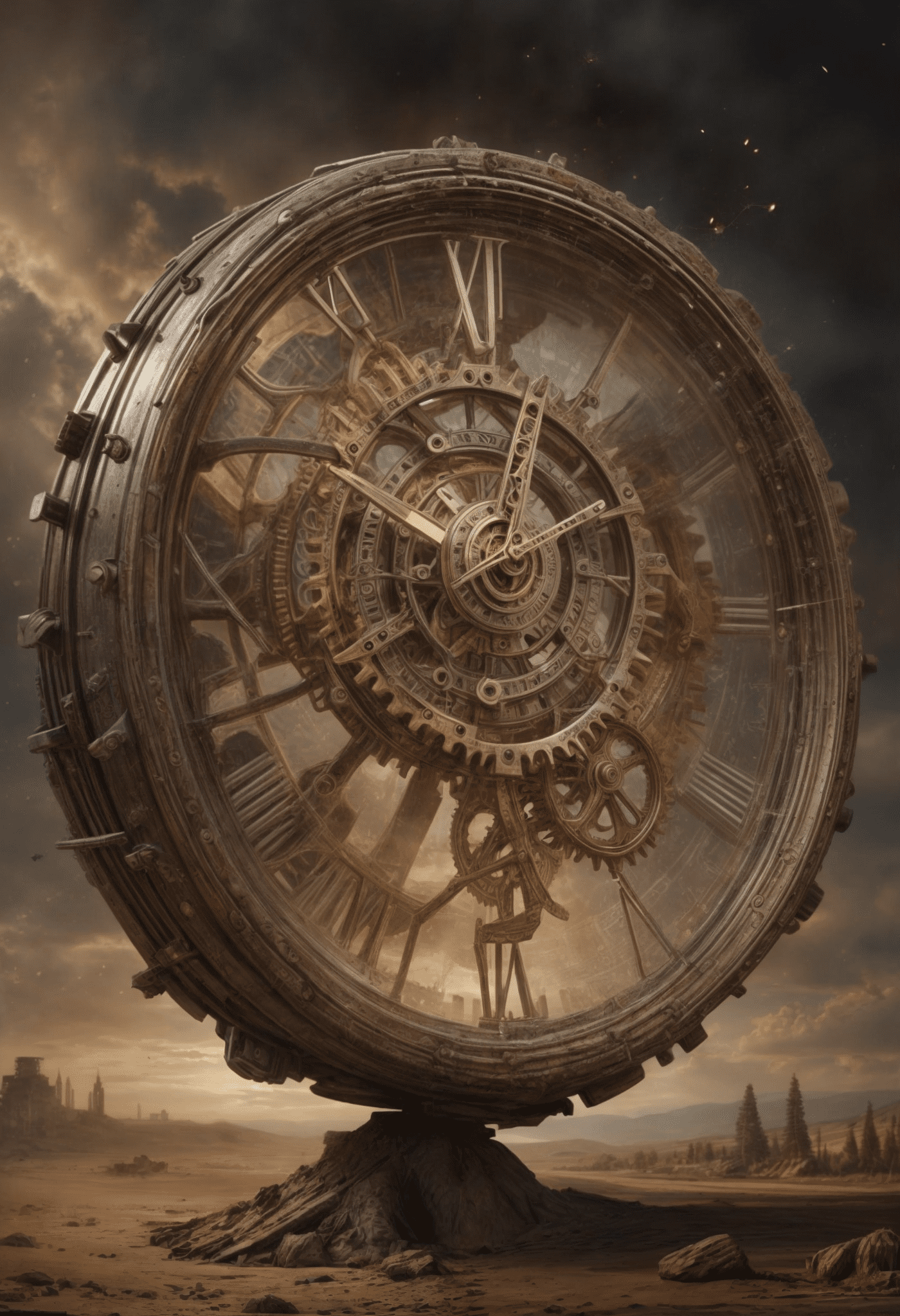 Mystical transparent clock symbolizing the bond between past and future, intricately designed gears and hands seemingly dissolving into ethereal wisps to signify letting go, overlay on an ancient parchment background melding into a crisp modern skyline, highlighting temporal evolution, magical realism, ultra fine detail, digital painting.