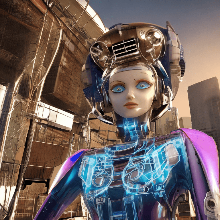 4k, ultra hd, masterpiece, best quality, cybernetic robot ((female mechanical android, standing tall, tight body, upper body, beautiful face, purple cybernetic eyes, glowing eyes, cybernetic head, fixed hands, wires, tech, metal, futuristic, highly-detailed) ), scenery ((futuristic city, bright day, blue sky, sunny, colorful) ) camera-view ((facing viewer, closeupface, eye-level angle) ), lighting ((natural lighting, soft fill light) )