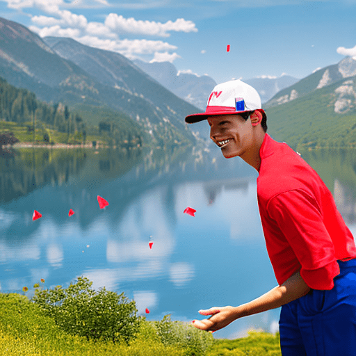 A photorealistic image of a 20-year-old boy with a smiling face, wearing a red cap, blue pants, and a white shirt, standing near a serene lake. The boy is joyfully throwing paper boats into the lake. In the background, majestic mountains rise up, creating a stunning natural backdrop. It's a bright, sunny day, with clear blue skies and the sunlight reflecting off the lake's surface, enhancing the tranquil atmosphere. The boy's cheerful expression and the vibrant colors of his outfit create a sense of happiness and youthful adventure.