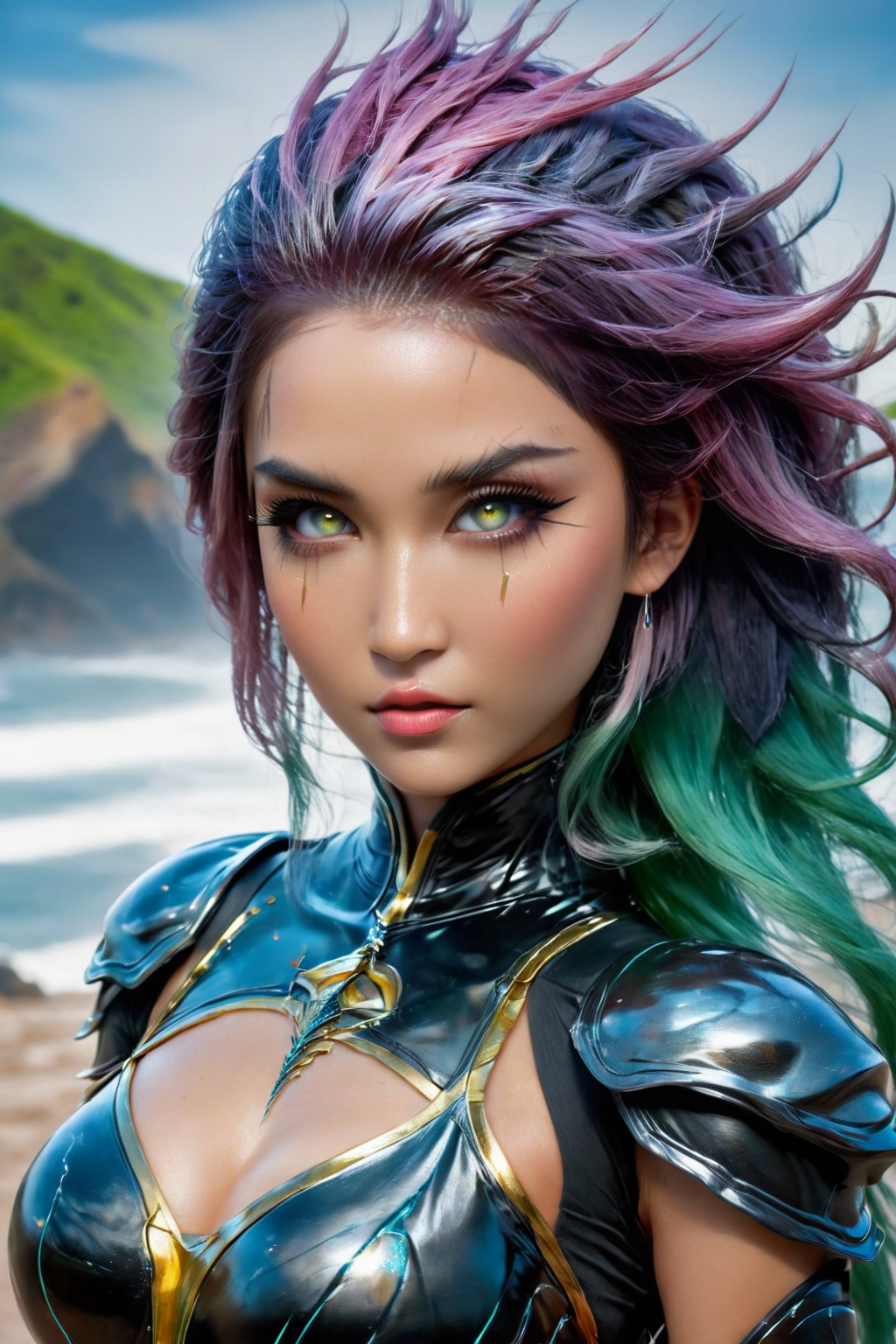 Photo, crisp details, sharp focus, precise clarity, 8k, uhd, full body shot, mythsxl, asian woman, long black and light pink hair, beautiful face, green eyes, blue eyes, brown eyes, perfecteyes, looking charming, (high skin detail, natural skin:1. 1) , green eyes, perfecteyes, highly detailed yellow and purple dragon scale armor,