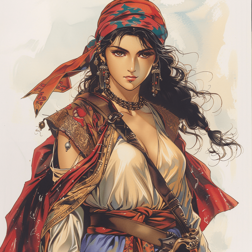 A turkish woman warrior. Full body image. Anime art by yutaka minowa of 1993