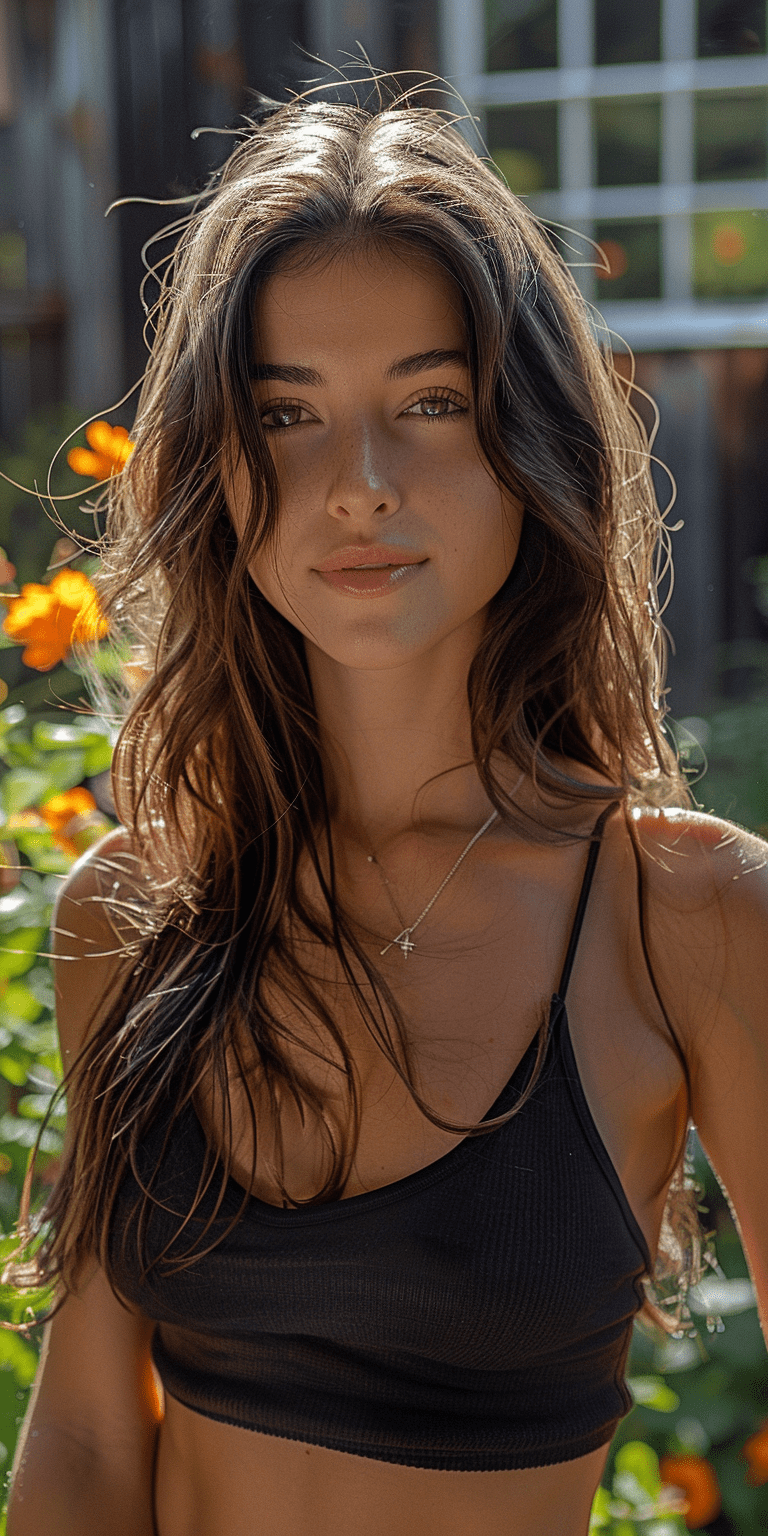 An iphone 15 selfie of an attractive woman with long straight hair, garden setting, looking at the camera, photorealistic --ar 1:2 --stylize 750