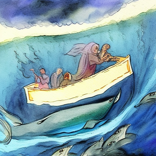 Watercolor drawing of big fish eating jonah the prophet. Jonah is under a boat and the whale is coming up from below. He is sinking headfirst through the water.