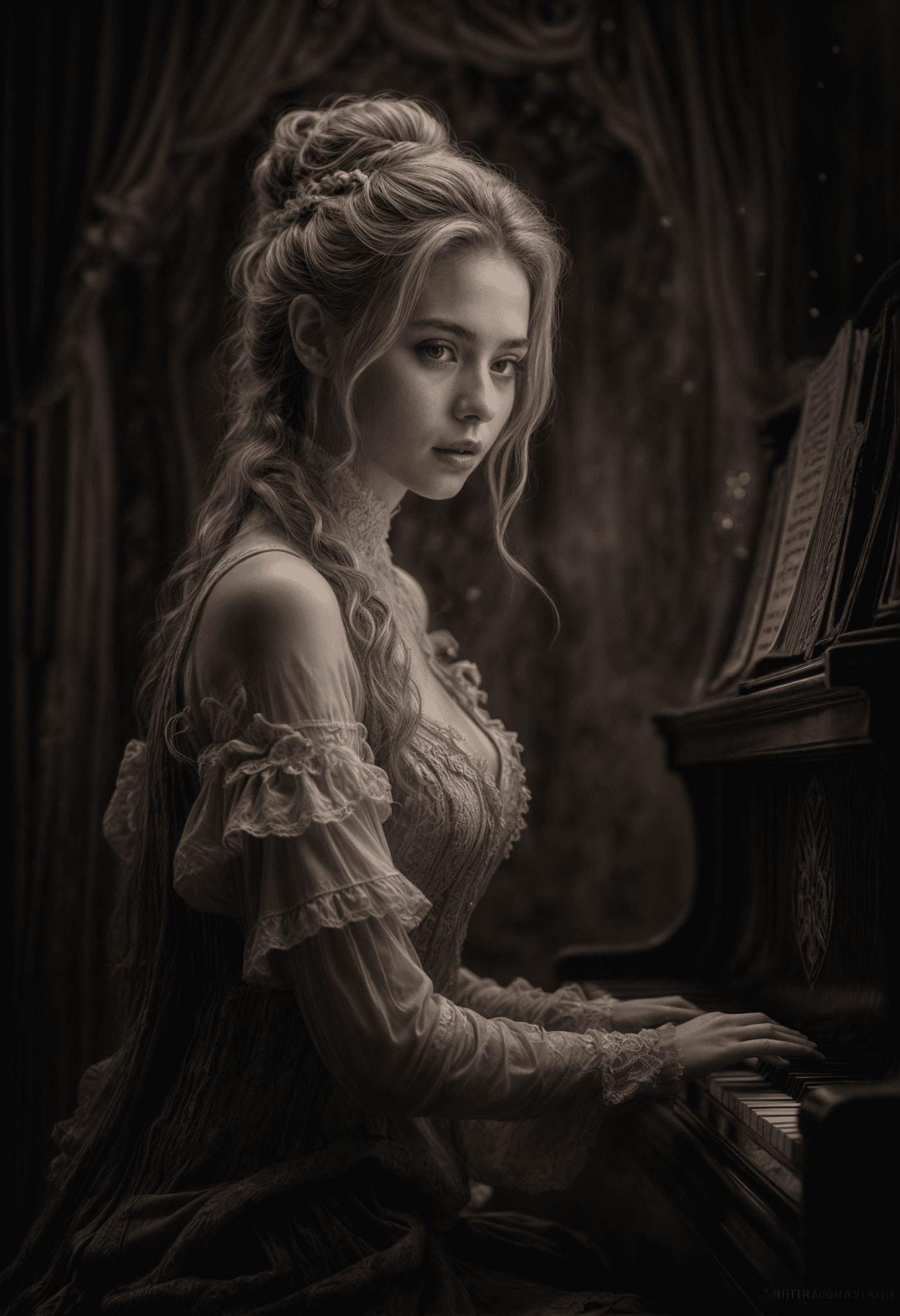 A woman in a historical dress is playing a piano in a dark room. She has long hair and is wearing a white blouse with puffed sleeves.