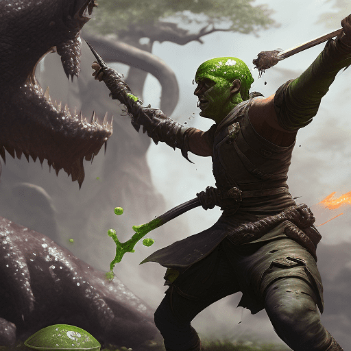 "fantasy one-armed male ranger engaged in intense combat with a slime-covered creature, high detail, fantasy genre, realistic style, dynamic lighting, cinematic composition, dramatic action scene, concept art by brom and paul bonner, 4k resolution