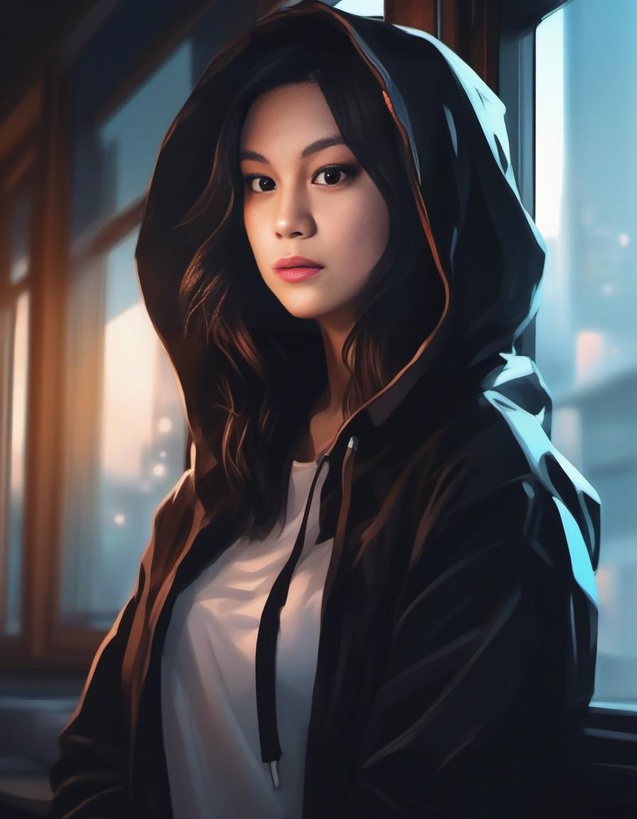 Half body portrait of a beautiful girl by a window, hoodie, dynamic lighting, shadows, sultry, anime, in the style of comics, 8k, rough, muted colors, digital painting, very intricate