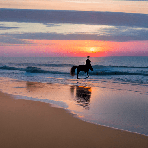 Outer banks sunrise with wild horse and fisherman on beach, canon mark iv photo realistic