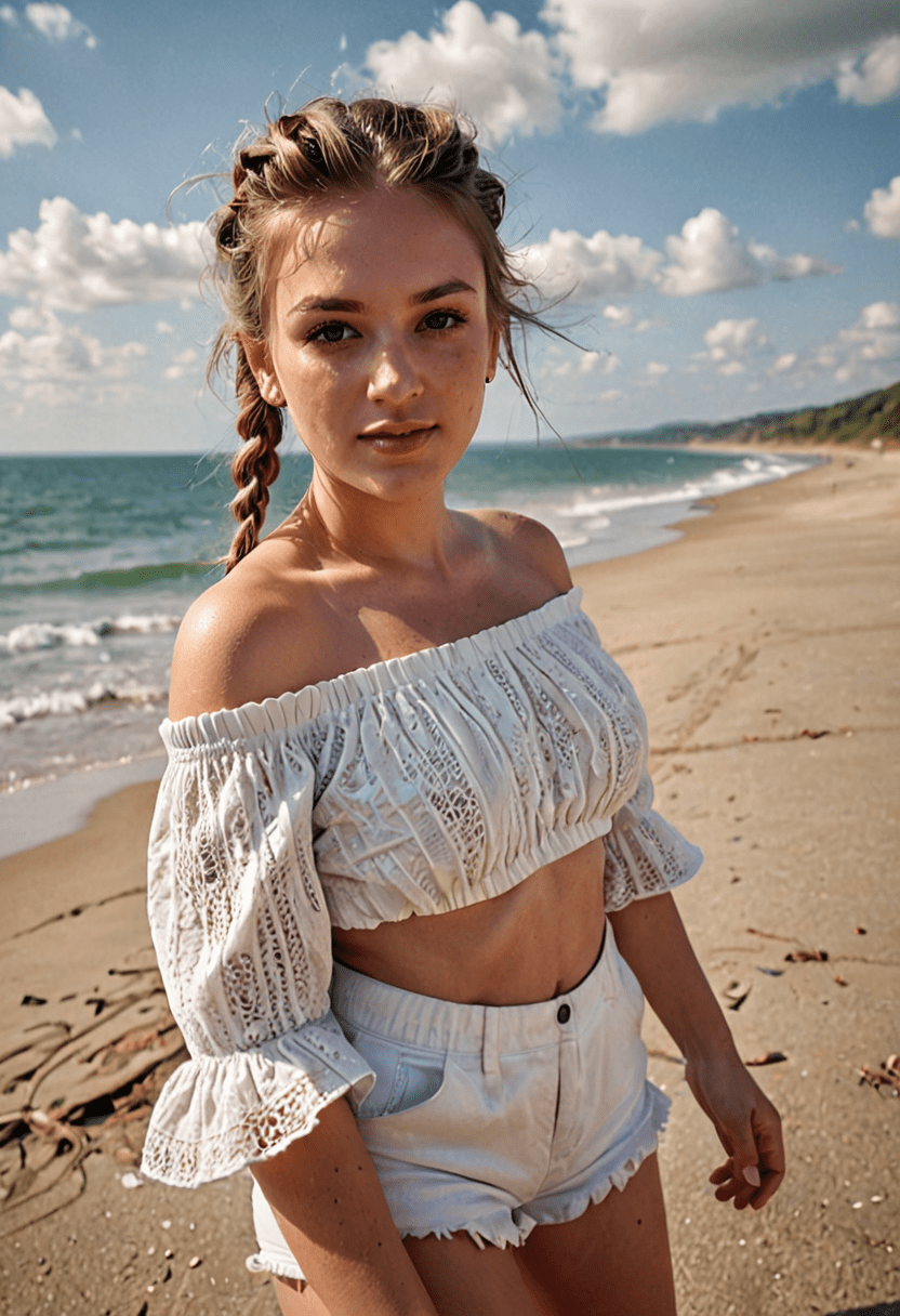 Photograph of a 28 year old busty woman with plait hair, dressed in white off-shoulder crop top, white shorts, textured fabric, ruffled sleeves, bright sunny partly cloudy sky, walking along a beach, (intricate details:1. 12) , hdr, (intricate details, hyperdetailed:1. 15) , (detailed face:1. 3) , (high angle:1. 4)