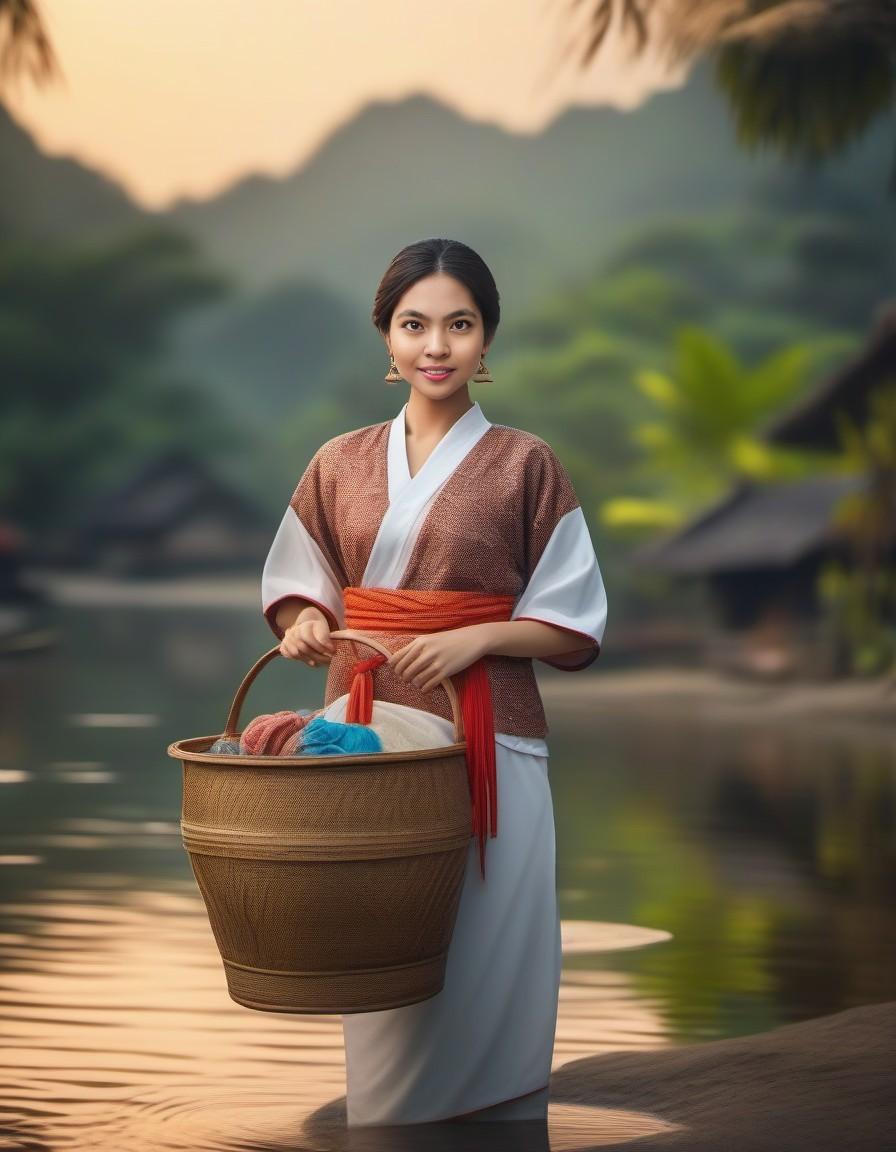 A village girl wearing traditional indonesian clothing, perfect body, carrying a small laundry basket, walking along the riverbank, (a beautiful, cool and natural rural atmosphere) , giving a fantasy feel to all kinds of life around her, intricate detail, sharp focus, hyper realistic, uhd, 8k