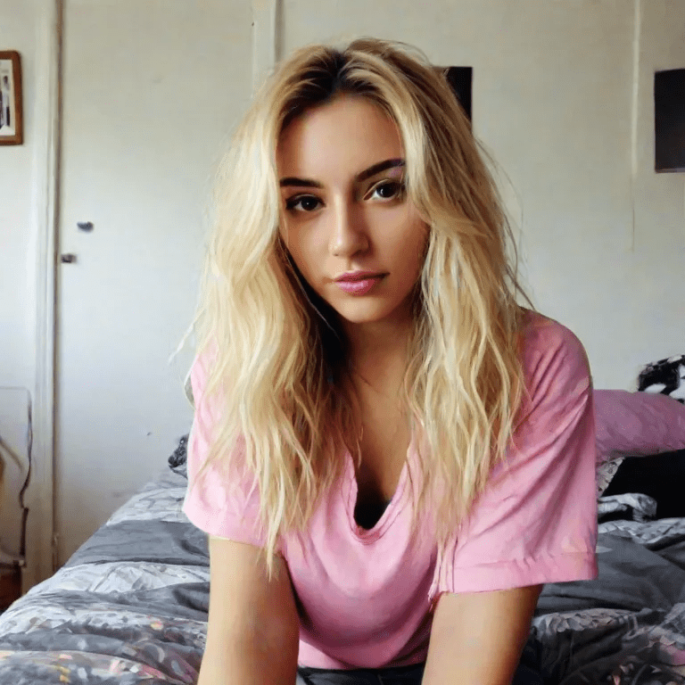 Webcam photo taken with a damaged 80s webcam, a woman with blonde hair is wearing casual outfits in her bedroom