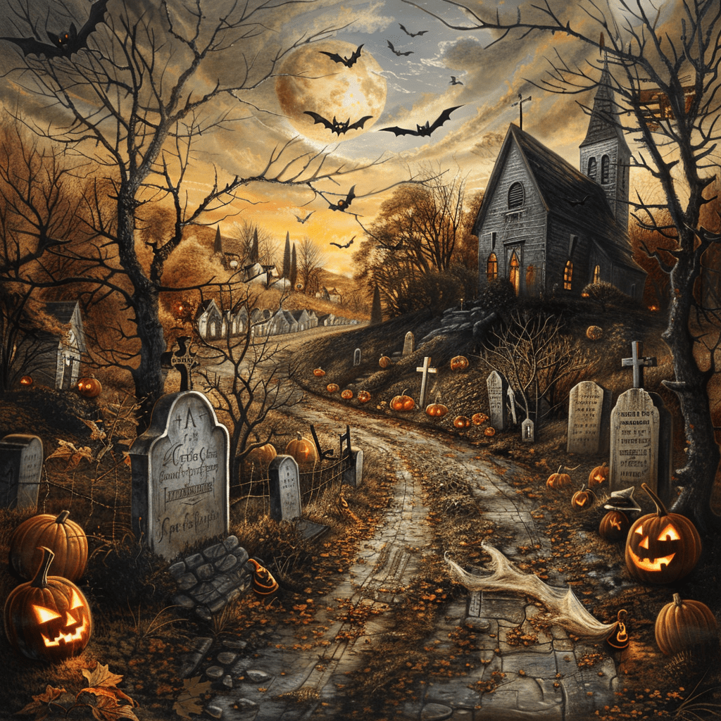 A lonely stretch of road overlooks a vacant cemetary. Long twisting trees cast shadows over the gravestones. A string of pumpkins and jack o lanterns line the walkway to the church. Small black bats fly across the dimly lit sky. A little ghost peers over a gravestone shyly. Intricate details, whimsical