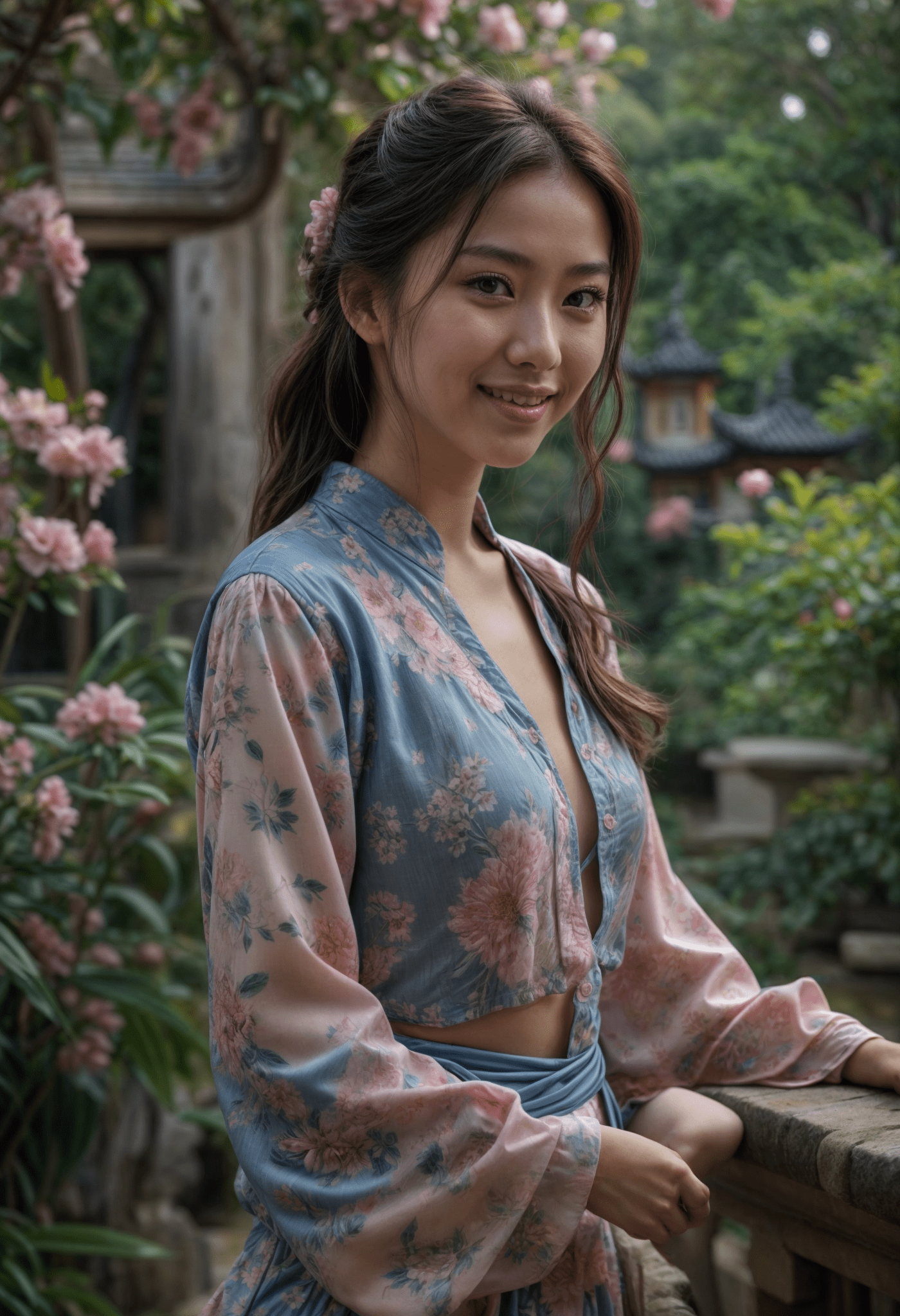 Full body shot , chinese blue pink blouse, in the style of dreamy and romantic compositions, floral explosions, in a chinese garden , very beautiful, cute sweet smiling, looking at you with a very sedutive view
