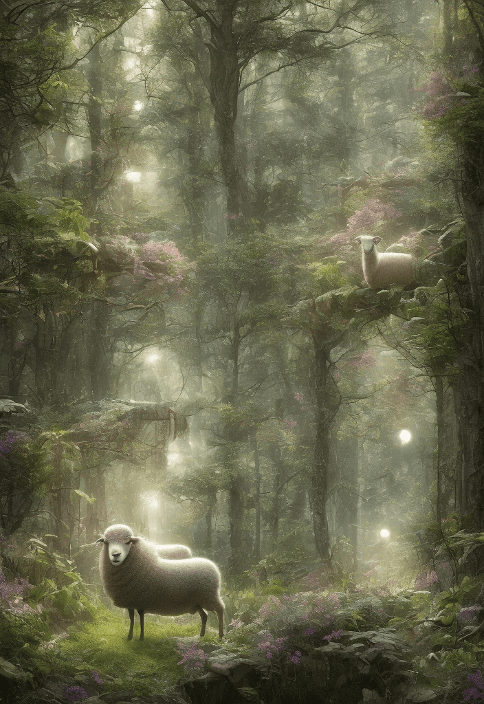 A beautiful forest mixed urban, one sheep , with a two-point perspective *very extreme long shot, pictures of beautiful backgrounds where space plants grow in hyperrealistic, cinematic, rich colors and pastel tones. You have to be symmetrical, creative, and feel like a greek mural, add glittering stars and planets, geometrically, completely left-right symmetrical, the composition, color, and cinematic expression are wes anderson style