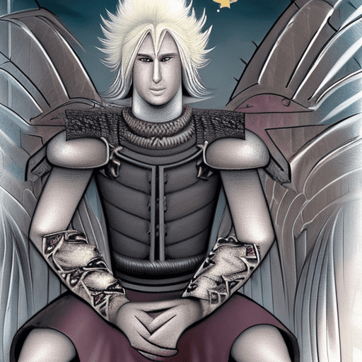 Sairu dragnovitch, the nameless king, with greyish skin, a mature appearance of a 25-year-old, melancholic expression and sad eyes, covered in visible scars and dirt, wearing simple armor and a red cape, spiky white hair, a dragon tattoo on one arm, seated and smoking while contemplating the stars on top of a tower, with additional details, without the helmet, and standing in a city at night, reflecting a melancholic and apathetic air.