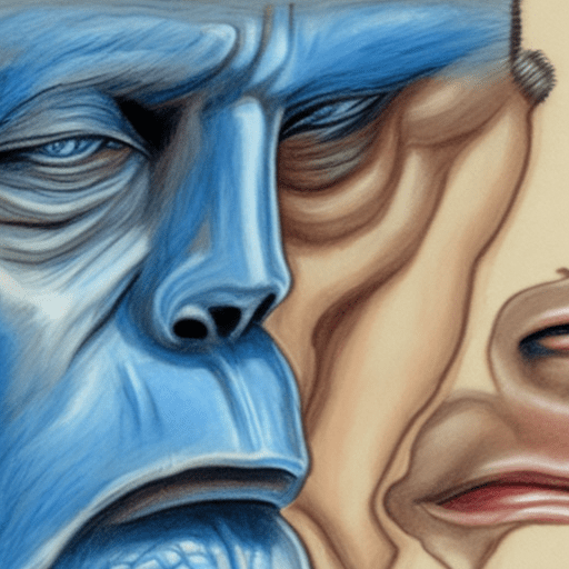 Draw me an image that shows in a realistic way the head of a human looking slightly forward in blue, highlighting the brain, the mouth and the ear in a luminous way, a head of a female homo erectus behind on the left, and behind right one of a female australopithecus afarensis.