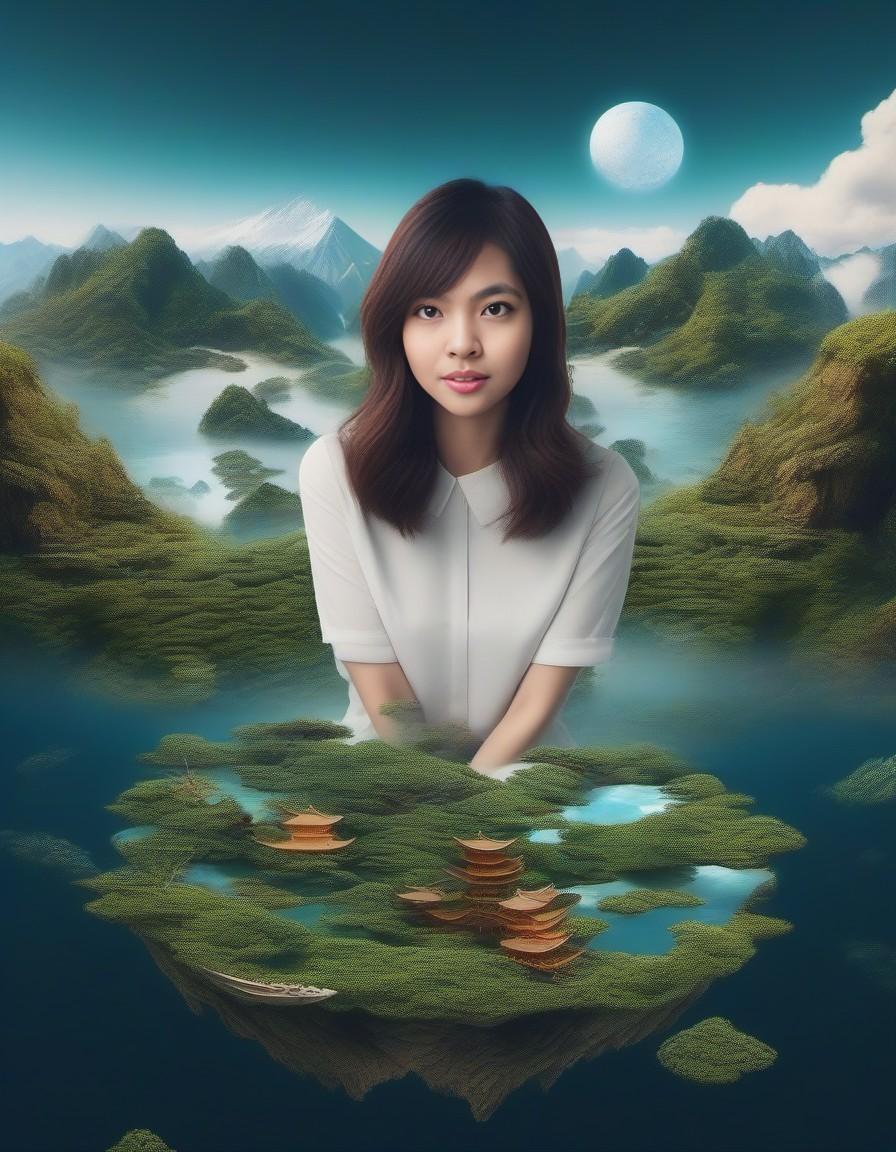 Produce realistic landscape images featuring floating islands, upside-down mountains, and unusual flora. Incorporate a dreamlike quality, pushing the boundaries of reality. Create scenes that have imaginative and otherworldly elements.