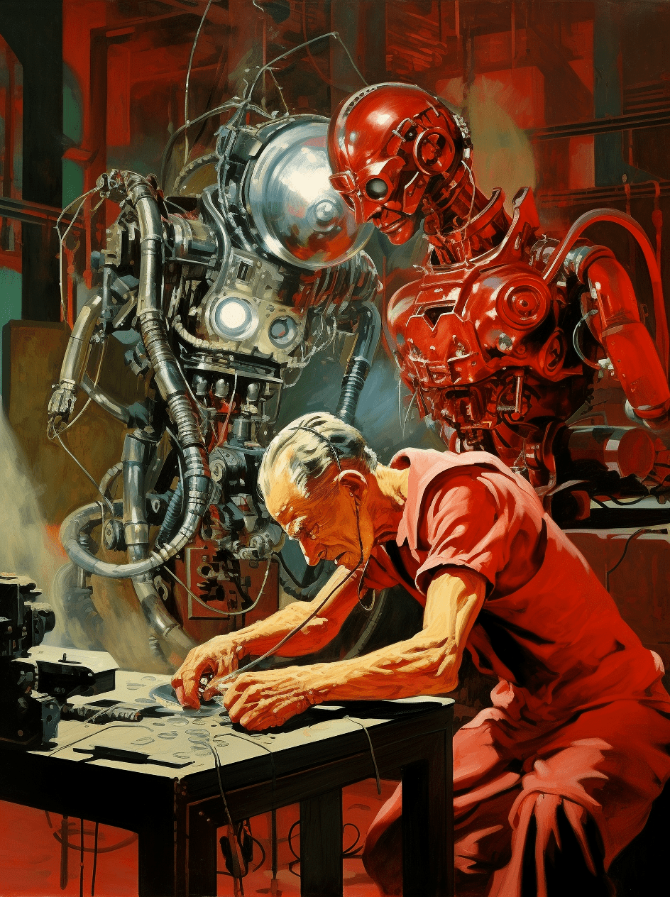 Vintage pulp illustration of two men working on an alien robot in a sci-fi setting with a 50s style retrofuturism in red and silver colors. Colorful illustration in the style of vintage scifi fantasy magazine illustrations and old school comic book illustrations in the styles of john "ocu" frazetta and frank raz. --v 5. 2 --style raw --ar 44:59