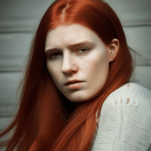 Close-up photo of a beautiful irish girl, adorable face, red long layered hair, no makeup, realistic skin texture, low saturation, dark tone, inspired by alessio albi, f1. 4, 85mm lens, hyper realistic , lifelike texture, dramatic lighting, professional shot, heavy shadows, dynamic pose, innocent look