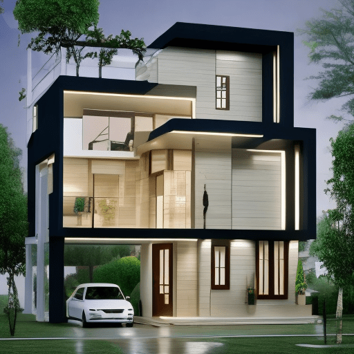 Create image of a house in 80 meter square. The width is 5 meter. Front is yard with some trees in 40 meter square. It has two floors. Light will come inside the house.