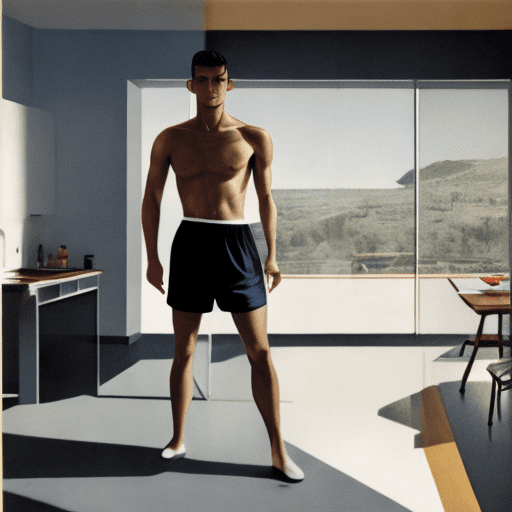 Hyper realistic male model standing in kitchen, dressed in running shorts, beautiful eyes, daylight, indirect lighting, ad magazine, frank lloyd, eames, mies van der rohe