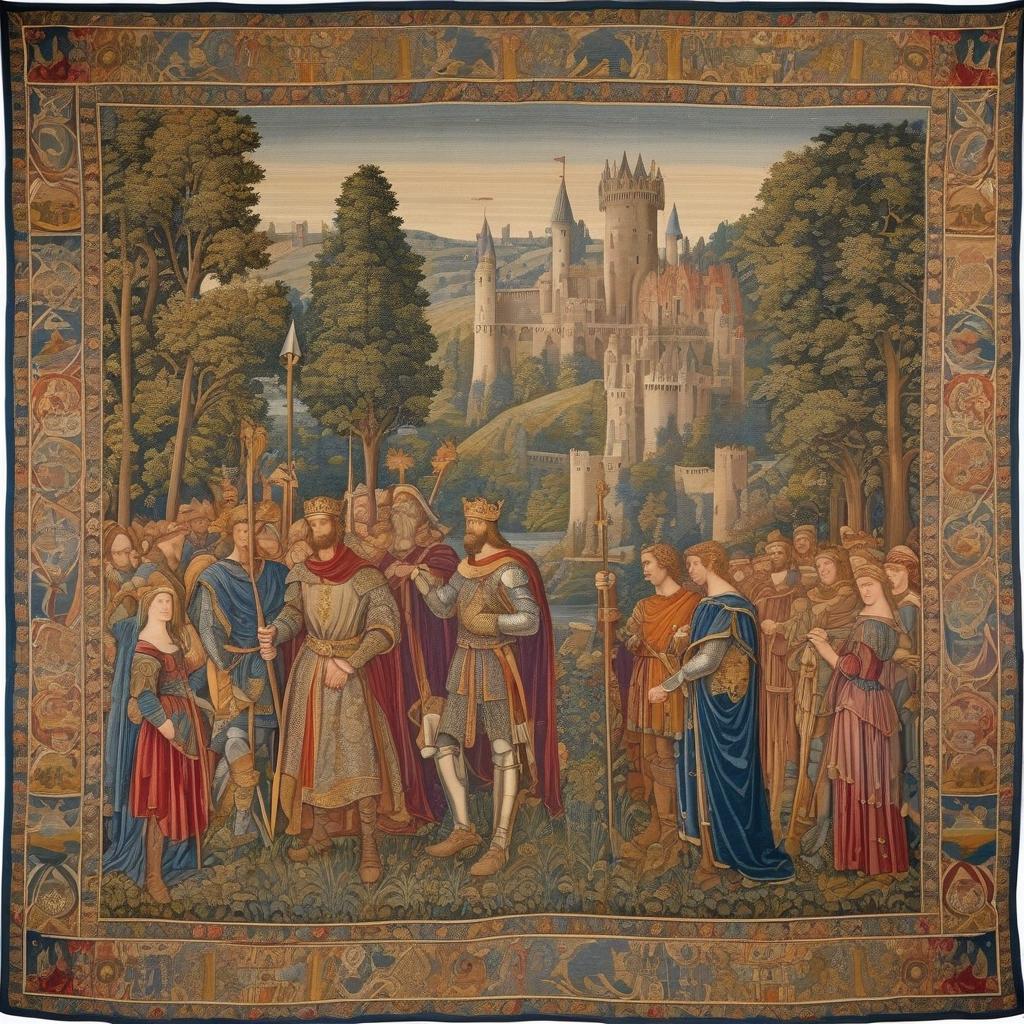 The bayeux tapestry of king arthur and camelot, intricate weave pattern, very fine details, muted colors,