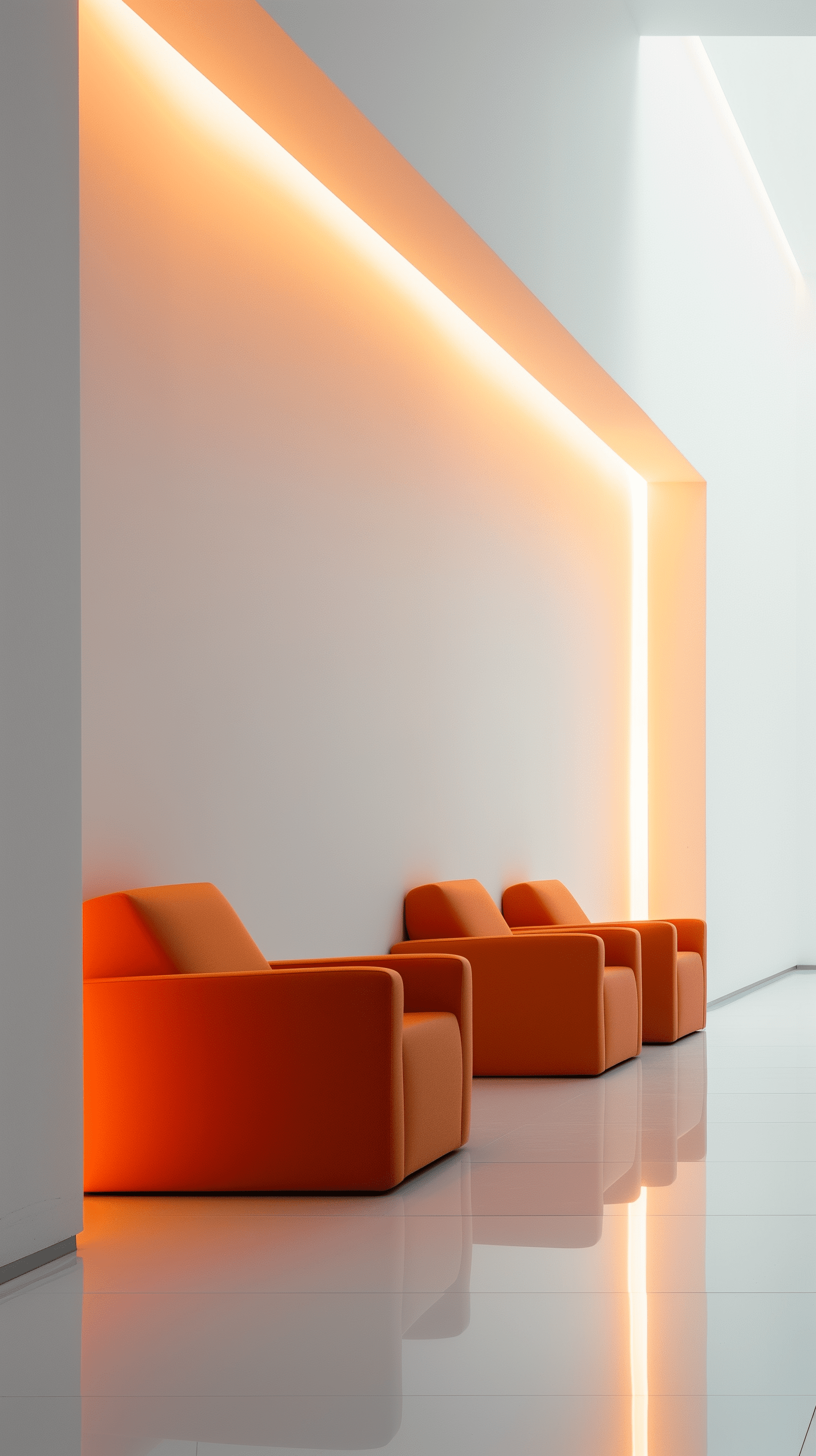 Picture a modern, minimalist interior with smooth white walls and a central seating area featuring sleek, orange sofas under a rectangular light source, design uses clean lines and a spacious layout, with a focus on warm, inviting lighting that creates a serene and welcoming atmosphere --ar 9:16