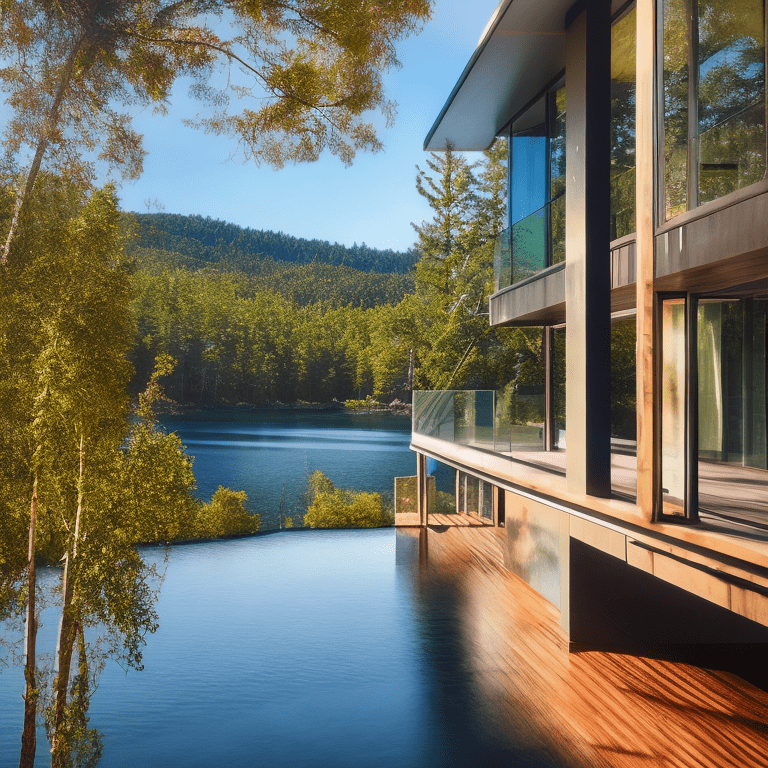 Hyper realistic eye level exterior photo of a 21 century modern style house overlooking the blue water lake in the forest, daylight, indirect lighting,