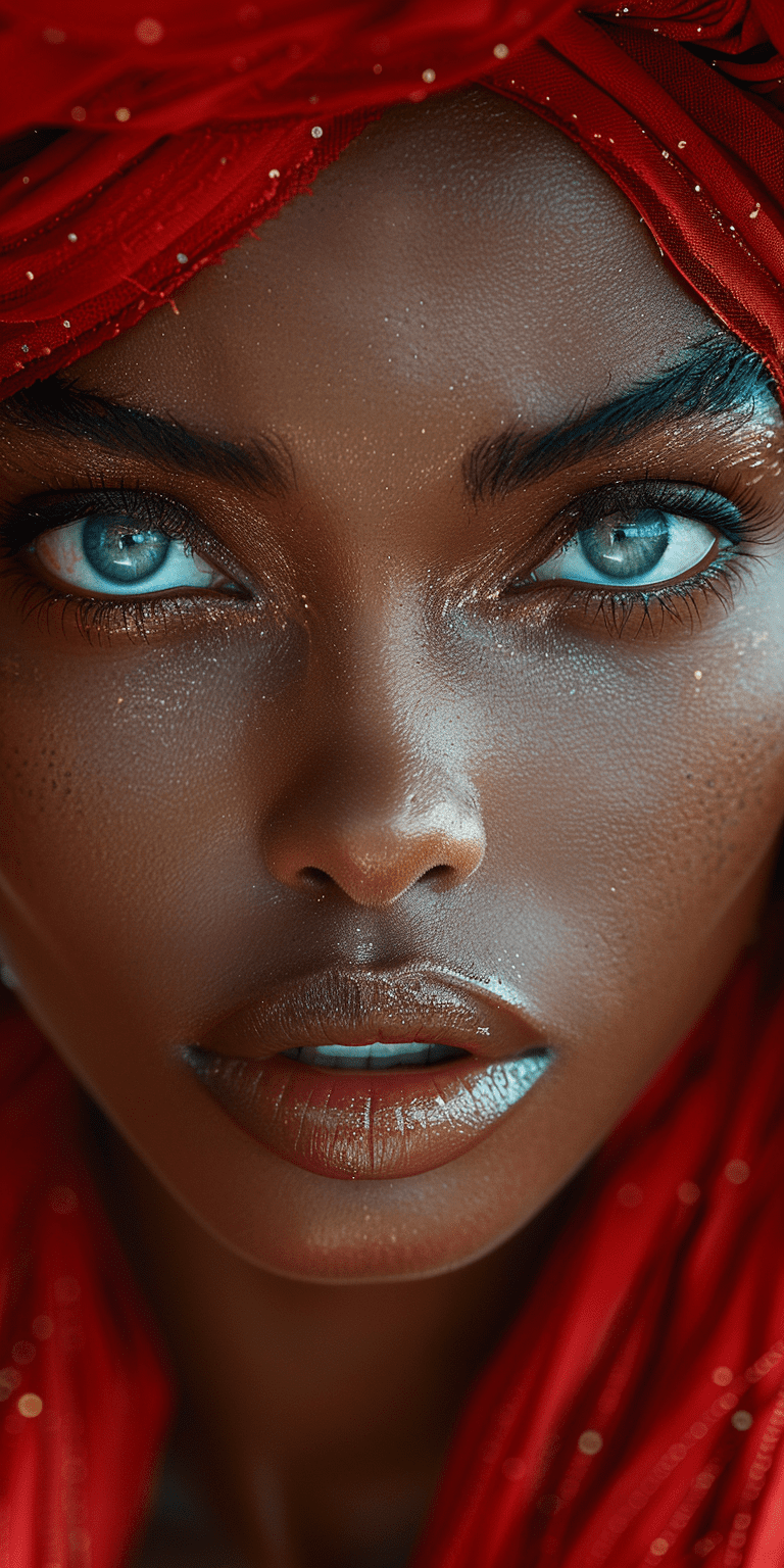 African woman wearing a traditional red head wrap, close up on her face, in the style of hyper-realistic national geographic photography, expressive, hyperrealism, photorealistic, detailed hair, hyper detail, cinematic lighting --ar 1:2 --stylize 750