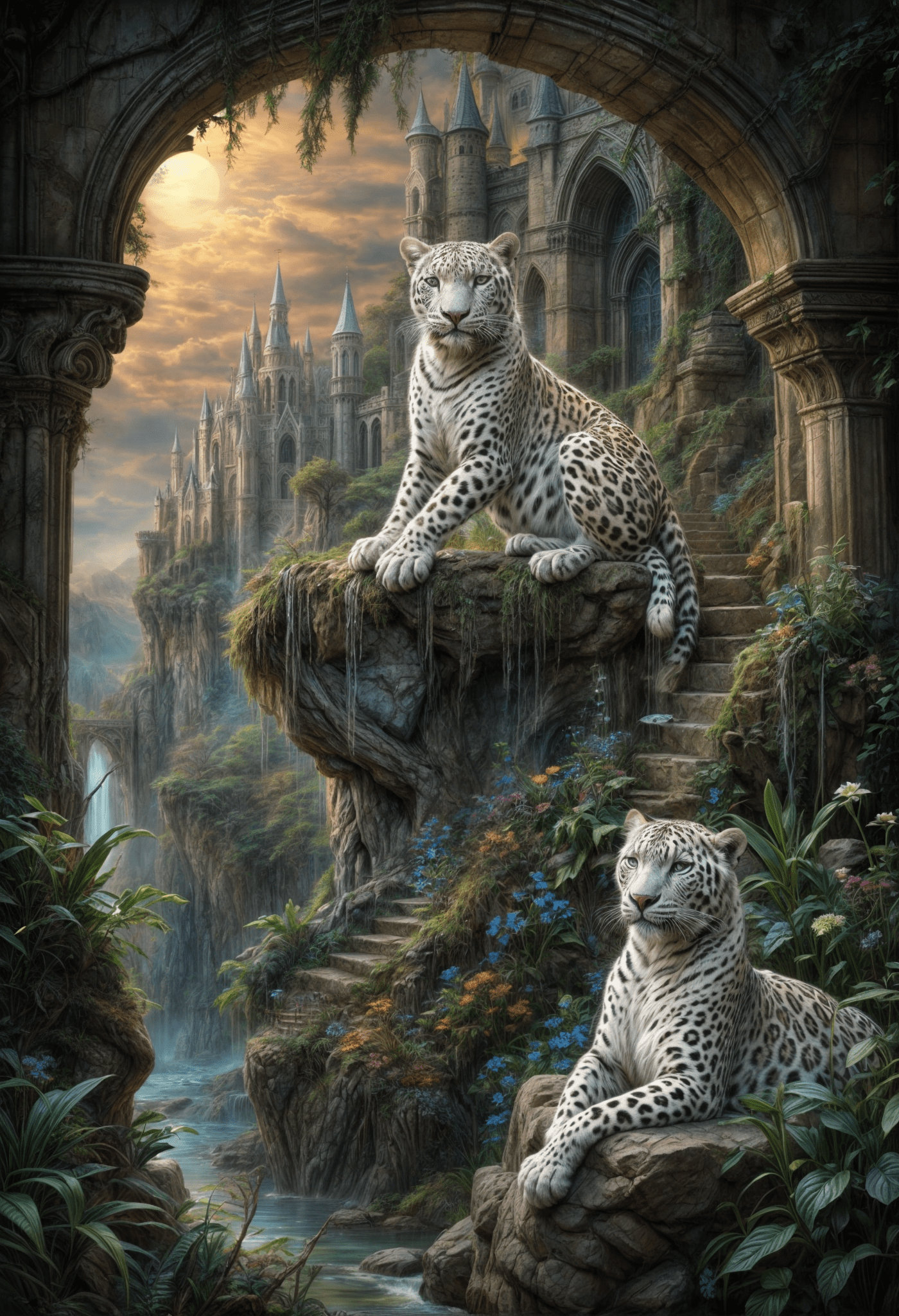 Art by mark knight, josephine wall fantastical landscapes castle with a sits white leopard filled with mystic creatures and elements of the natural world. Scenes carry a sense of wonder and curiosity with a touch of ominous undertones. Utilizes a rich color palette to create moody atmospheric scenes that straddle the line between the whimsical and the haunting. Ultra highly detailed, glitter,