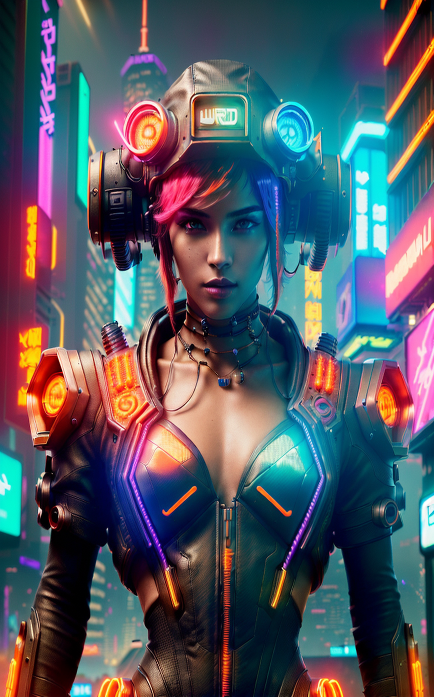 (masterpiece, professional work, award winning) , ultra realistic ((high detailed) ), centered, mid shot, ((full body front view) )-- looking toward camera -- ((cyberpunk cap on his head) ), expressive, beautiful bang, ultra detailed steampunk museum vibrant colors create a hype realistic color splash art, unreal minimalism with octane render creates depth of field with bokeh. (ultra detailed, finest detail, intricate) , (epic composition, epic proportion, epic fantasy) , ((neon lights blue and orange) ), global illumination, reflection, hard shadow, contrast, ((vibrant colors) ,