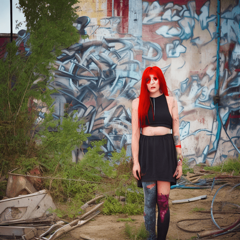 An image of a ultraphotorealistic woman with vibrant red hair standing in an abandoned, overgrown industrial site, in the style of urban exploration photography, high detail, and dynamic lighting. The scene captures the juxtaposition of her striking red hair against the decayed, graffiti-covered structures and lush greenery reclaiming the area. The woman, dressed in casual urban attire, stands confidently amidst the ruins, her hair catching the light and adding a vivid focal point. The lighting setup includes natural daylight filtering through broken windows, casting dramatic shadows and highlights across the scene. The composition is a medium wide shot, with the woman positioned slightly off-center to create a sense of depth and context within the urban landscape. --ar 16:9 --stylize 750