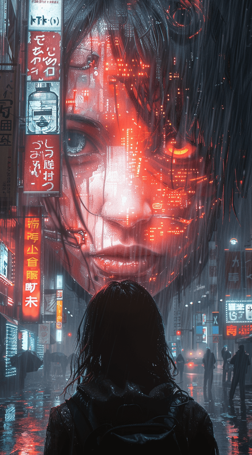 Neon cityscape with giant robot head in the style of ghost in the shell, hajime sorayama, anime aesthetic, vaporwave, cyberpunk setting, japanese signs and billboards, high contrast, hyper realistic, reflections, cinematic, retrofuturism, at night, red lights and neon lights --ar 71:128 --stylize 750