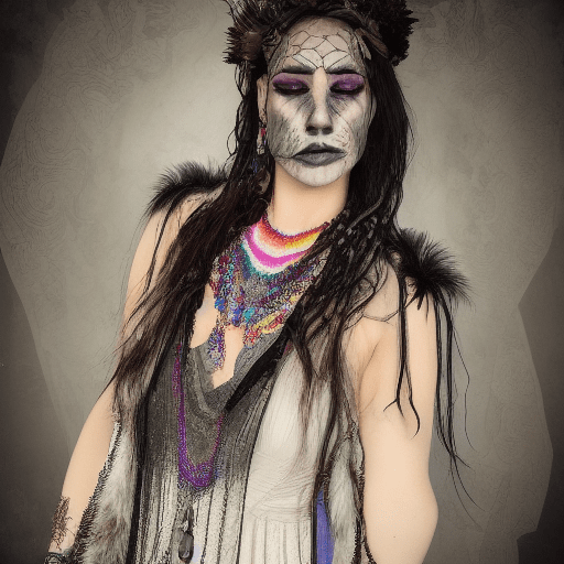 Full body detailed portrait of steamgothicwood villain woman, flowing maxi dress with lace and fringe, layered jewelry with feathers and stones, rainbow palette::5 professional fabric weave design::4 traditional medium, hand-embroidered, unique, trendy, modern, unique, vector graphics, adobe illustrator, professional, corporate, scalable, award-winning, by stanley artgerm lau, realistic textures, intricate detailing, multiple colors, repeatable pattern::3 deformed, unrealistic textures, simple design, limited colors, non-repeatable pattern::-2 --q 5 --ar 1:2 --upbeta --v 5
