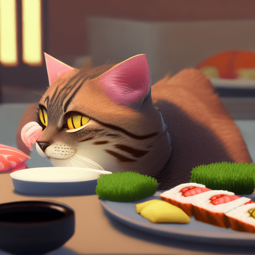 Cat eating sushi, thick coating style, highest quality, perfect masterpiece, perfect art, 8k, unreal engine 5, raytracing, overall tone bright, warm colors, cozy, comfy, hd, detail performance, c4d, 3d, octane rendering, ray tracing, complex details, animated lighting, 8k, fashion trends, 3s material