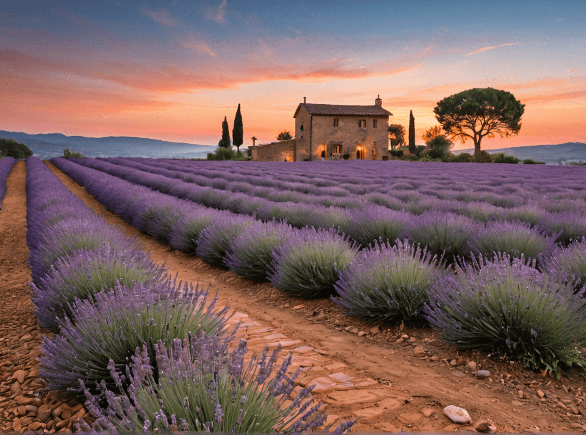 A professional photograph capturing the breathtaking beauty of tuscany using a high-end camera like a canon eos r5. The scene should feature a picturesque lavender field in full bloom during the golden hour, where the warm sunlight bathes the landscape in a soft, golden glow. In the foreground, leading the eye to a charming, rustic farmhouse with weathered stone walls and terracotta roof tiles. The sky above should be a gradient of warm oranges and pinks blending into the cool blues of the evening sky. Use a wide aperture setting (f/2. 8) to achieve a shallow depth of field, ensuring the lavender in the foreground is in sharp focus while the background has a soft, dreamy blur. Set the iso to 100 for maximum image clarity and detail. The exposure time should be 1/200 second to perfectly capture the serene and timeless beauty of the scene. Ensure the composition is balanced, with a sharp focus on the vibrant colors and textures of the plants and farmhouse, and a soft, ambient blur for the background. The overall image should evoke a sense of tranquility, natural elegance, and the enchanting charm of tuscany, with intricate details and perfect lighting that highlight the region's captivating beauty.